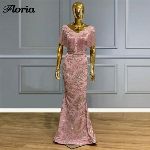 Aibye Dubai Long Pink Evening Dresses 2020 Turkish Arabic Sparkly Prom Dress Vestidos De Festa Beading Tassel Party Gowns Girls