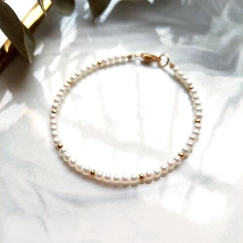 Lii Ji Natural 3mm White Round Freshwater Pearl Bracelet 925 Sterling Silver Gold Color Bracelet High Luster Pearl Jewelry