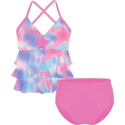 Kids Girls Bikini Set Mermaid Scales Printed Starfish Summer Beach Swimsuit Children Swimwear Bathing Suit Set Tops with Bottom