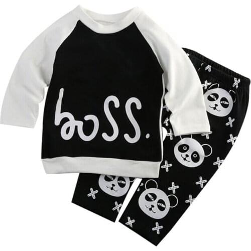 Children Baby boy clothing set fashion letters printing BOSS Long sleeves T-shirt +panda pants 2 pieces Baby boy girls suit
