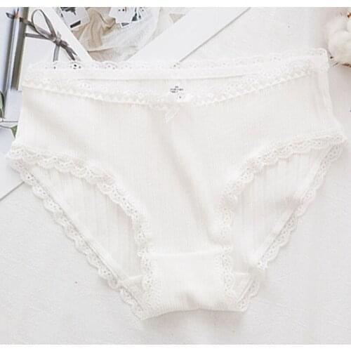 Cotton Threaded Bowknot Panties Pure Color Lace Trim Cute Thong and G-String Light Color Ladies Underwear