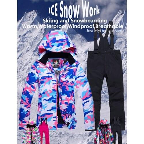 Childrens Boys and Girls Snow Suit Wear Outdoor Waterproof Windproof Warm Costume Winter Snowboard Ski Sets Jacket + Strap Pant