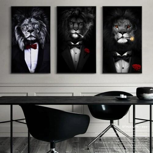 Lion Tiger In A Suit Rose Smoking Art Canvas Print Painting Gentleman Animal Wall Picture Living Room Home Decoration Poster