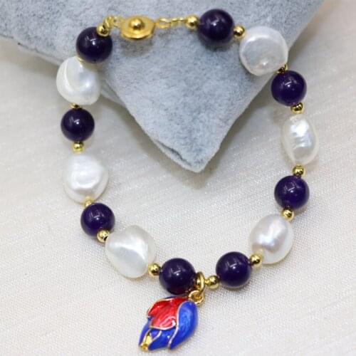 Fashion natural pearl white 12-14mm purple jades 8mm round beads charms bracelets for women cloisonne diy jewelry 7.5inch B3002