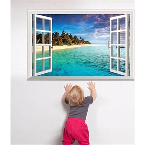 Seascape Beach View Pattern Wall Sticker Fake Window Kids Room Wall Decoration Sticker Nordic Home Decor Waterproof PVC Stickers