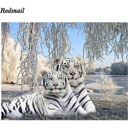 Diy Diamond Painting White tiger couple Cross Stitch Full Square round diamond embroidery animal pattern Mosaic home Decor EE667