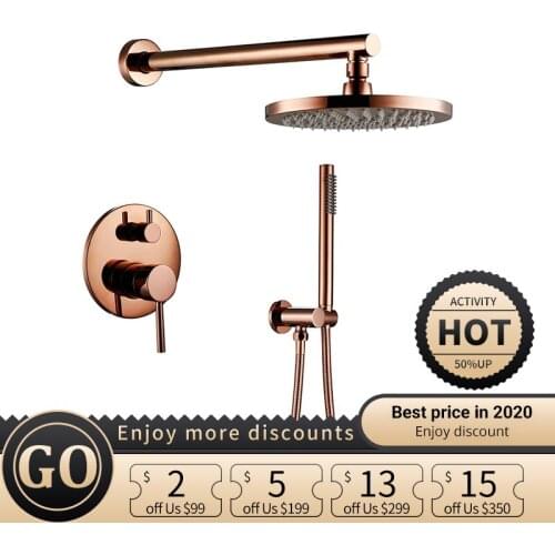 Rose Gold Finish Solid Brass Shower Diverter Valve Faucet Set With 8-12 Inch Round Shower Head Bathroom Wall Shower Kit