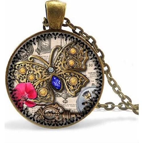 Steampunk Garden Clock Pendant Necklace Butterfly Necklace Garden Retro Vintage Steam Punk Necklace Accessories
