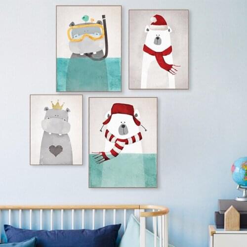 Modern Nordic Kawaii Bear Hippo Bird Animal Art Prints Poster Cartoon Wall Pictures Canvas Painting No Framed Kids Room