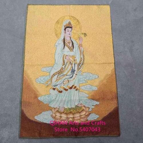 Tibetan archaize tantric Buddha statue silk embroidered thangka tapestry gold silk woven cotton embroidered central hall hanging