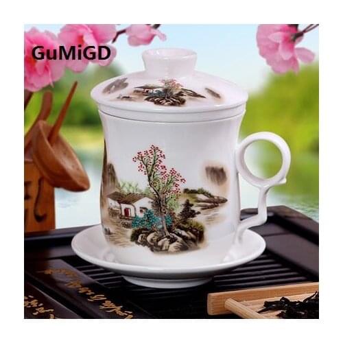 Blue and white Jingdezhen ceramic tea cup business office drinking with lid filter cup