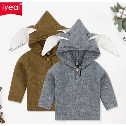 IYEAL Baby Boy Sweater Cartoon Hooded Rabbit Ears Newborn Boys Cardigan Autumn Grey Toddler Knitted Jackets Infant Knitwear