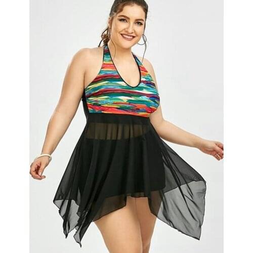 Plus Size Tankini Patchwork Mesh Swimsuit Two Pieces Swimwear Women Large Size Swimming Suit Vintage Print Swimsuit 2019 Tankini