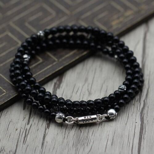 Thai Silver Personality Classic Couple 4mm Black Agate Cross Beads HString Sweater Chain Sterling Silver 925 Necklace