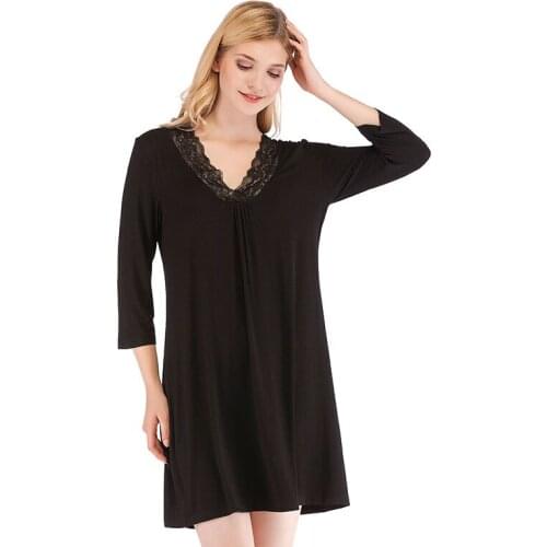 Healthy Women Clothes Solid Modal Nightdress Nightwear Sexy Women Sleepwear Lace Neck Nightgown Vestidos Girl Lingerie