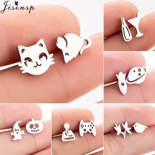 Jisensp New Design Asymmetric Earrings for Women Trendy Bijoux Stainless Steel Cat and Mouse Pendientes Hot Christmas Gifts