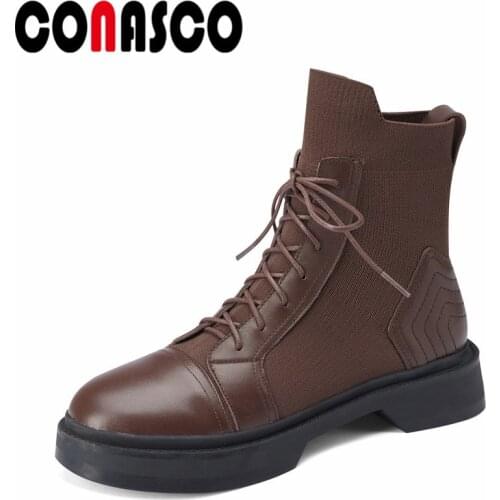 CONASCO Brand Design Women Ankle Boots Autumn Winter Warm Cow Leather Party Basic Prom Office New Punk High Quality Shoes Woman