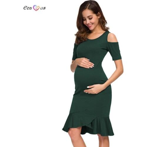 Womens Maternity Dresses Short Sleeve Fitted Mermaid Dress Cold Shoulder Ruffle Hem Knee Length Pregnant Baby Shower Dress