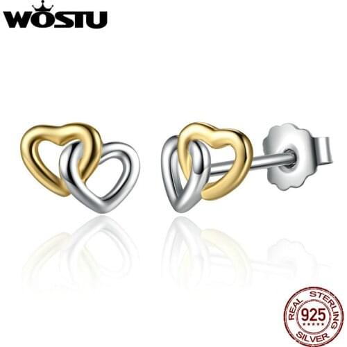 WOSTU 925 Sterling Silver Heart to Heart Small Stud Earrings Women Engagement Jewelry Wedding Silver earrings For women Girl