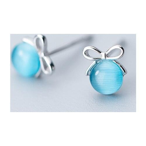 MloveAcc Delicate 100% 925 Sterling Silver Bowknot Stud Earrings with Blue Crystal Women Party Luxury Jewelry