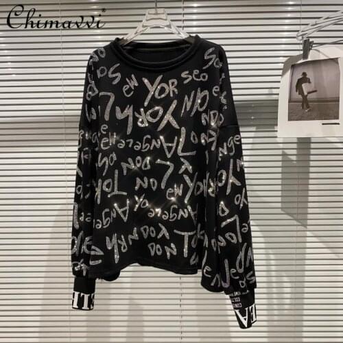 2021 Autumn Letter Pullover Feminine Heavy Hot Drilling Thread Sleeve Splicing hoodie Thin sweatshirt Women Fashion Loose tops