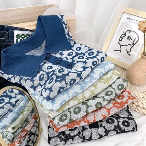 2021 Summer Womens French Polo Lapel Printed Puff Sleeve Short Sleeve Knit Wool Sweater Retro Fashion Casual College Wind Top