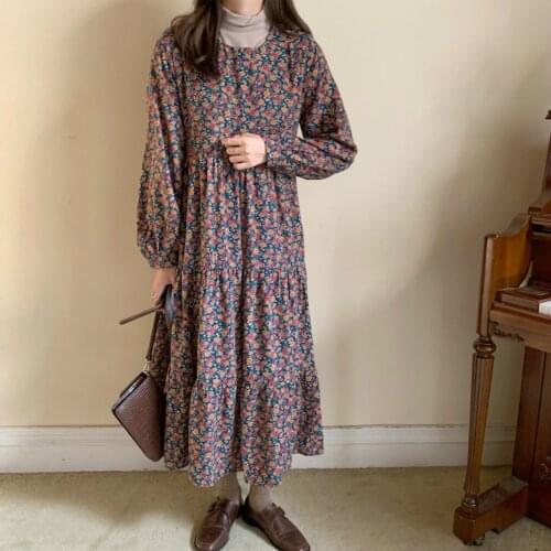 Women Spring Autumn Thicken Vintage Long Floral Dress Belt Cascading Pleat Tender Square Collar Pullover Dresses