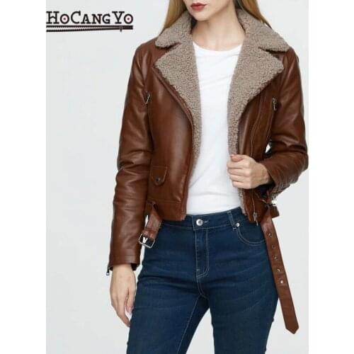 Winter Women PU Leather Jacket Long Sleeve Lapel Lamb Faux Leather Jackets Women Winter Coat Warm Jacket Abrigos Mujer Invierno