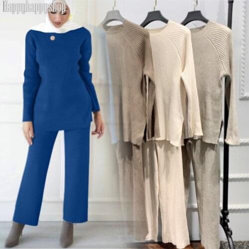 2020 Women Knitted Warm Thick Casual Outfits Muslim Pullover Sweater Tops/Blouse Wide Leg Pants Dubai Abaya Turkish Kaftan Suits