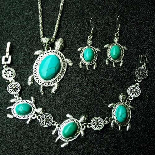 Turquoise Retro Tortoise Jewelry Sets Pendant Earring Bracelet 925 Silver Necklace Fashion Charm Amulet for Men Women Lucky Gift