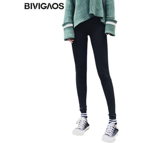 BIVIGAOS Spring New Women Ankle Hem Stripe Cuff Sport Leggings Pants Cotton Workout Leggings Skinny Thin Black Fitness Leggings