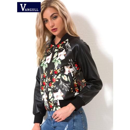 Vangull Black Soft Leather Motorcycle Baseball Jackets Zipper New Ladies Spring Autumn PU Print Floral Leather Slim Coat Outwear