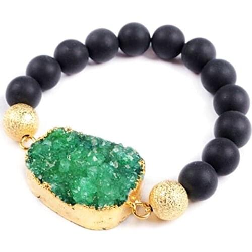 Nature Druzy Stones Pendan & 10mm Black Stone Bead Strand Wrap Stretch Bracelet For Women