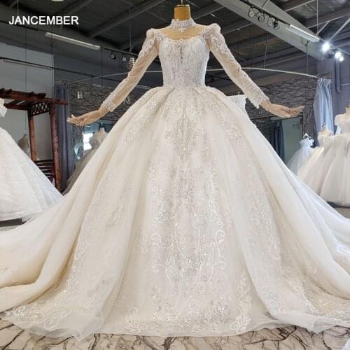 HTL2200 Highlight Temperament White Wedding Dress Long Sleeve Transparent Lace Frill Turtleneck Shiny Pattern Banquet Gown