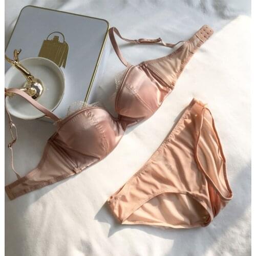 Wriufred One and a half cups of satin underwear feminine big breasts bras sets thin underwired lingerie with panty suit