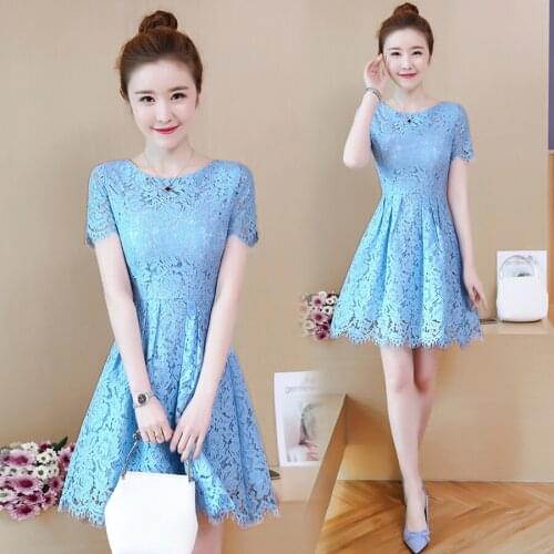 Summer Vintage Cotton Plus Size Mini Dress 2021 Korean Blue Sexy Lace Beach Sundress Elegant Women Bodycon Short Sleeve Vestidos