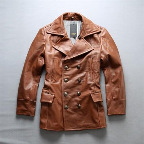 Brand cow autumn winter mens classic thick cowhide leather windbreak coat male vintage double breasted jacket