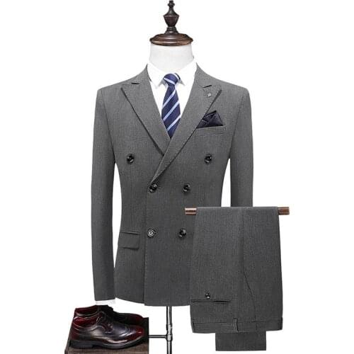 Business Gentlemen Mens 3-Piece Double Breasted Suit Solid Tuxedos Formal Slim Fit Prom Blazer Jacket & Pants & Waistcoat