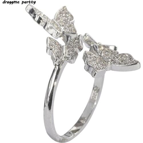 New Arrival Silver Color Butterfly Resizable Rings with AAAAA Zircon Bling Stone Women Fashion PartyJewelry Best Gift