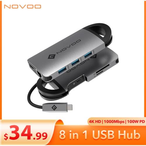 NOVOO Hub Type C 8 Ports Portable Docking Station USB 3.0 Multiport Adapter Ethernet 100W Power Delivery Compitable to 4K HDMI