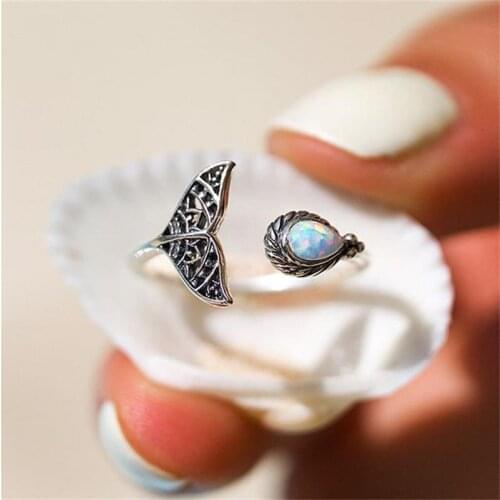 Fish Tail Fire Opal Rings for Women Silver Color Engagement Wedding Ring Fashion Jewelry Adjustable Ring Gifts