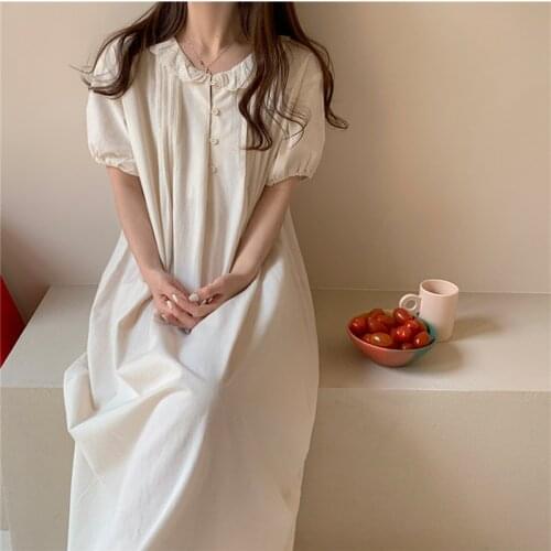 Single Breasted Summer Nightgown Women Korean Loose Long Sleepwear Kawaii Soft Cotton Homewear Home Clothes Pleated
