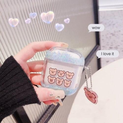 Clear Quicksand Earphone Case For Airpods 1 2 Cute Bear Boba Hard Cover for Airpods Pro Wireless Headset Case Keyring