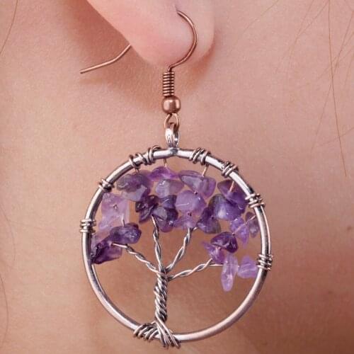 TUMBEELLUWA Reiki Tree Of Life Dangle Earrings Natural Crystal Stone 7 Chakra Gravel Minerals Drop Earrings Women Jewelry Gift