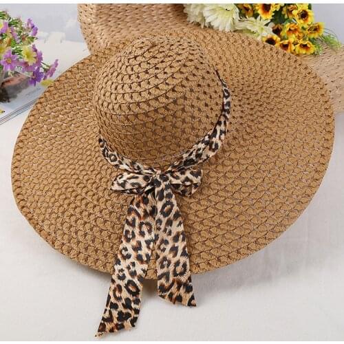2020 New Fashion Sun Hats for Women Girls Wide Brim Floppy Straw Hat Summer Bohemia Beach Cap Ribbon Leopard chapeau femme