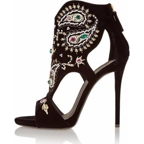 Rhinestone Pearl Beads Sandal Sewed Eye Embroidery Sandals For Woman Stiletto High Heels Summer Crystal Party Shoes Cage Shoes