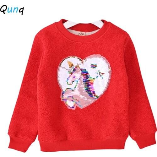 Qunq Thick Warm Girls Sweatshirt Winter Spring Kids Tops Clothes for Girl Sequins Cartoon Pattern Cute Toddler Children Pullover
