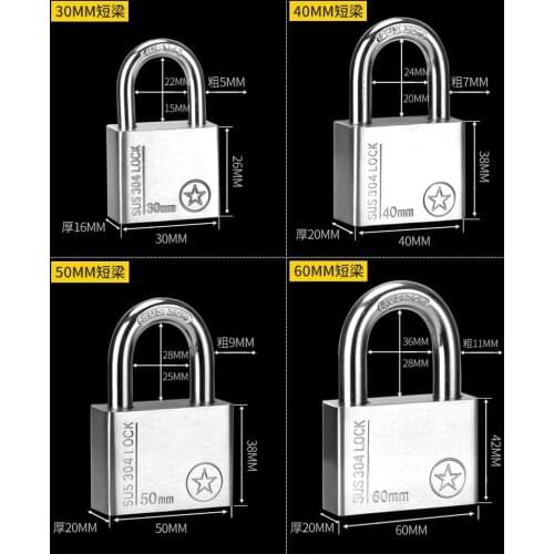 304 Stainless Steel Padlock Cabinet Outdoor Lock Head Furniture Lock Waterproof Rust-Proof Door Lock 30mm 40mm 60mm with 4 keys