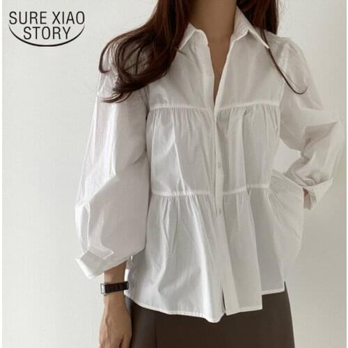 Korean Loose Casual Womens Shirt Vintage French Lapel Pleated Stitching Blouse Puff Sleeve Office Lady White Tops Blusas 15722