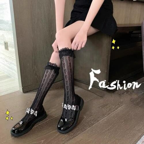 Women Black White Sexy Love Print Lace Middle Socks Cosplay Lolita Maid Girls Party Club Silk Stockings Summer Sheer Sock
